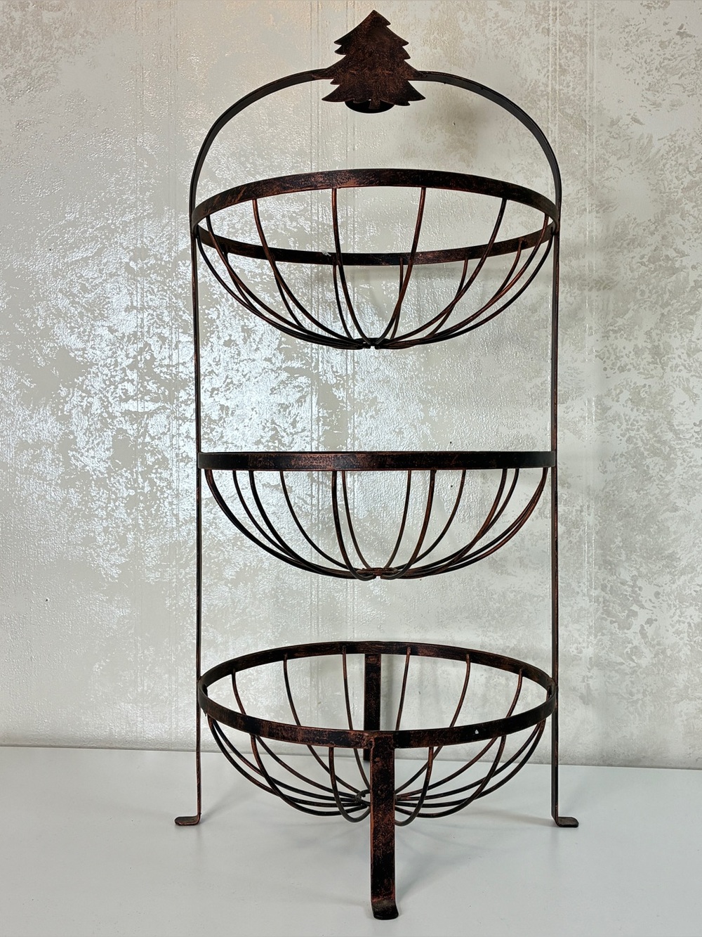 Rustic Three-Tier Metal Wall Basket - Copper Brown